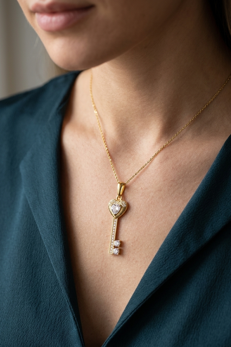 Gold Heart Key Pendant Necklace