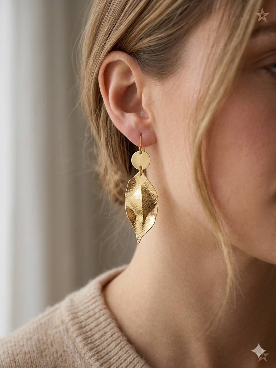 Textured Leaf Gold Drop Earrings