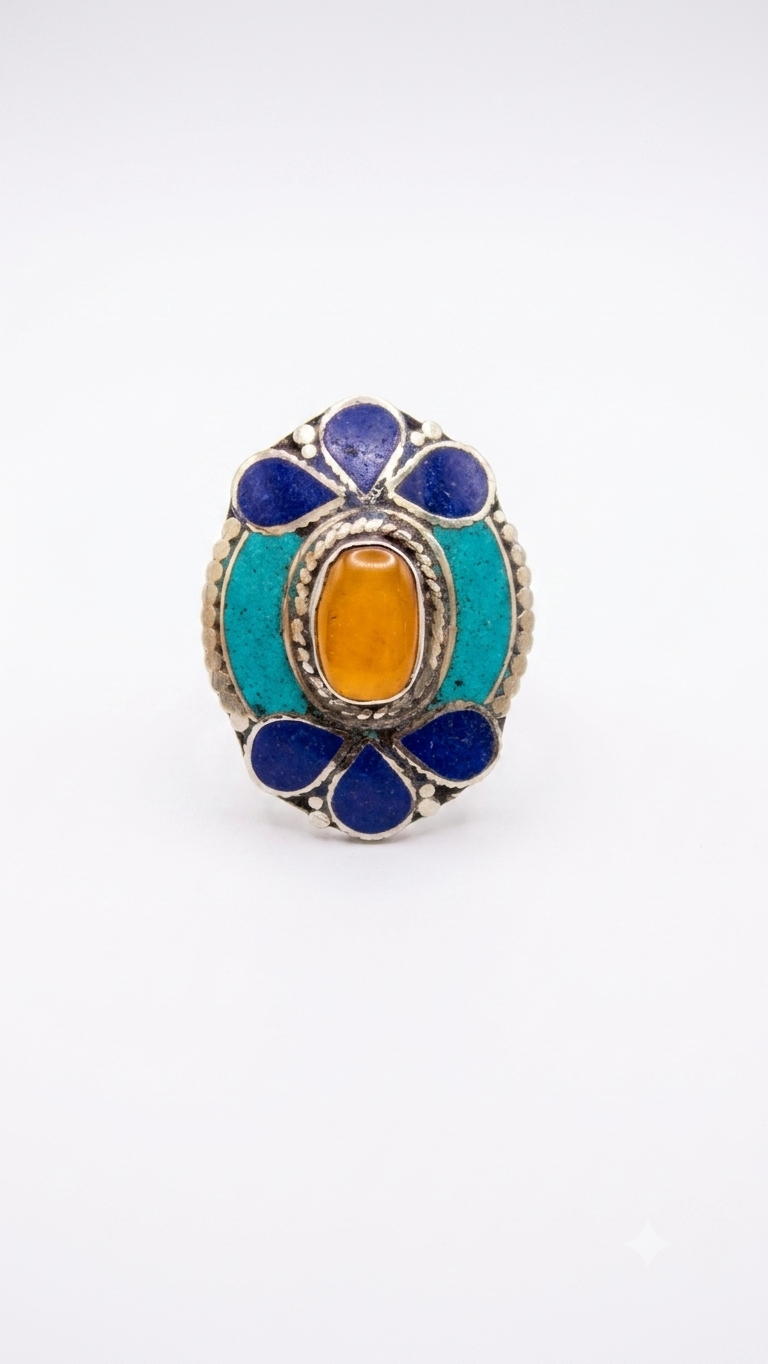 Vintage Amber Statement Ring | Handmade Tibetan Silver Ring