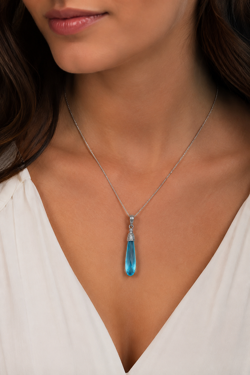 Blue Faceted Teardrop Pendant Necklace in Sterling Silver