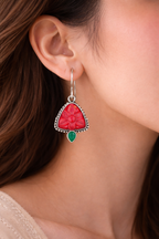 Red Floral Stone Silver Drop Earrings