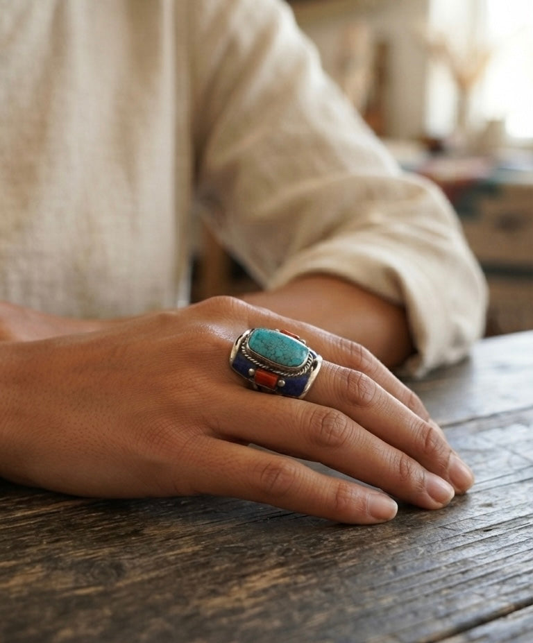 Vintage Turquoise Statement Ring | Handmade Tibetan Silver Ring