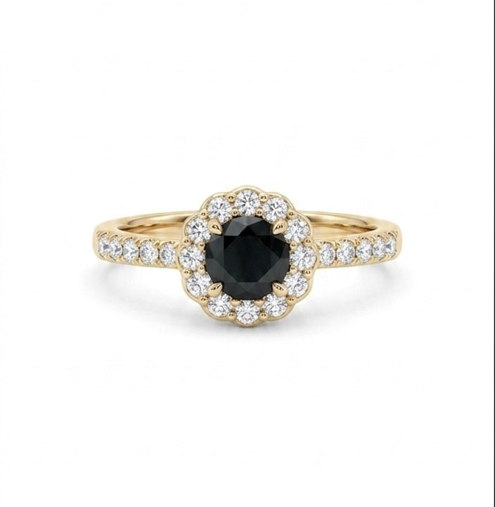 Black Sapphire Halo Ring in Gold Finish