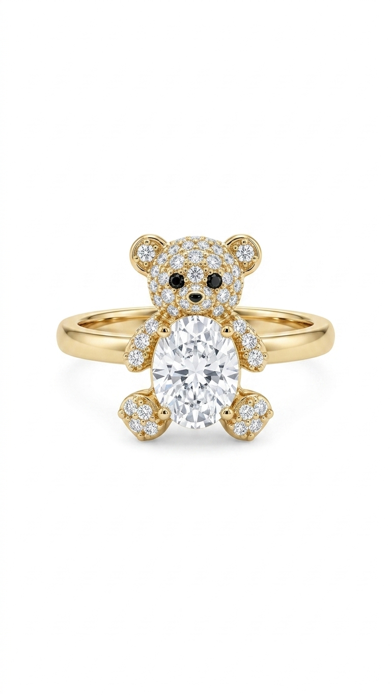 Cute Teddy Bear Crystal Ring in Gold Finish