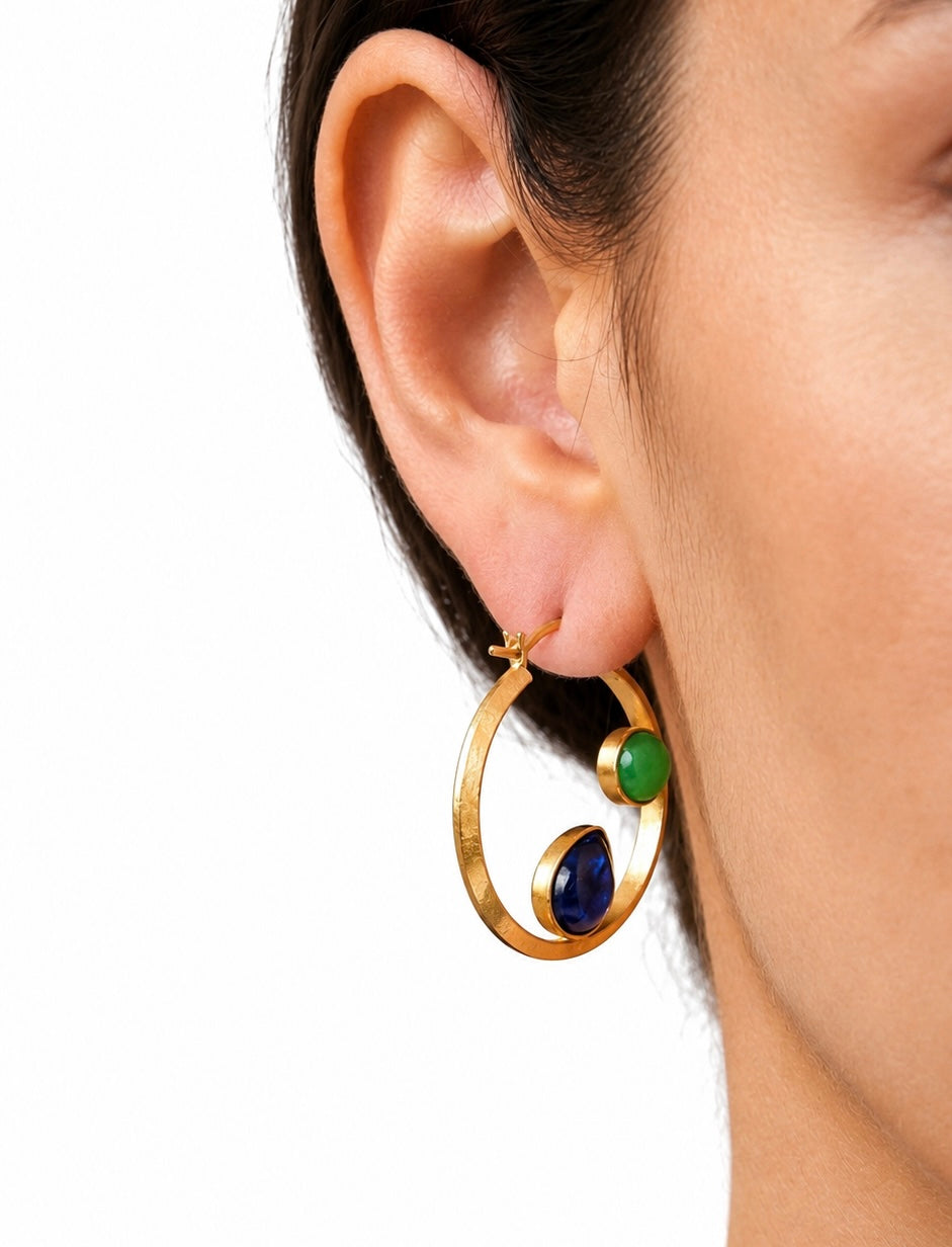 Modern Gold Hoop Earrings with Blue & Green Gemstones