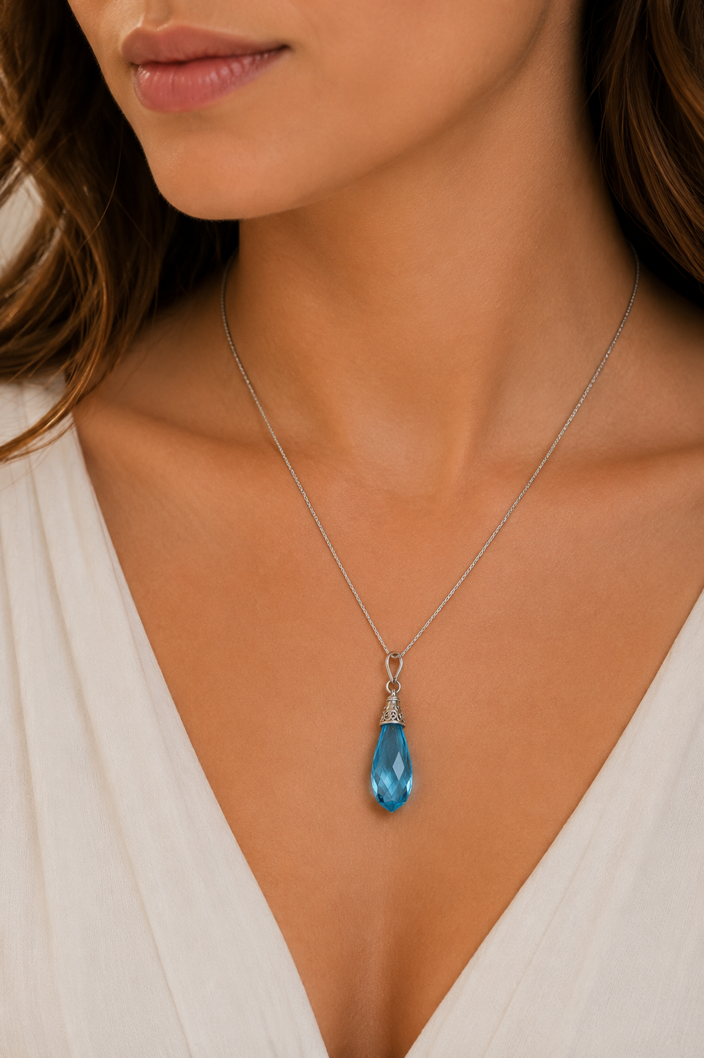 Blue Crystal Teardrop Pendant Necklace