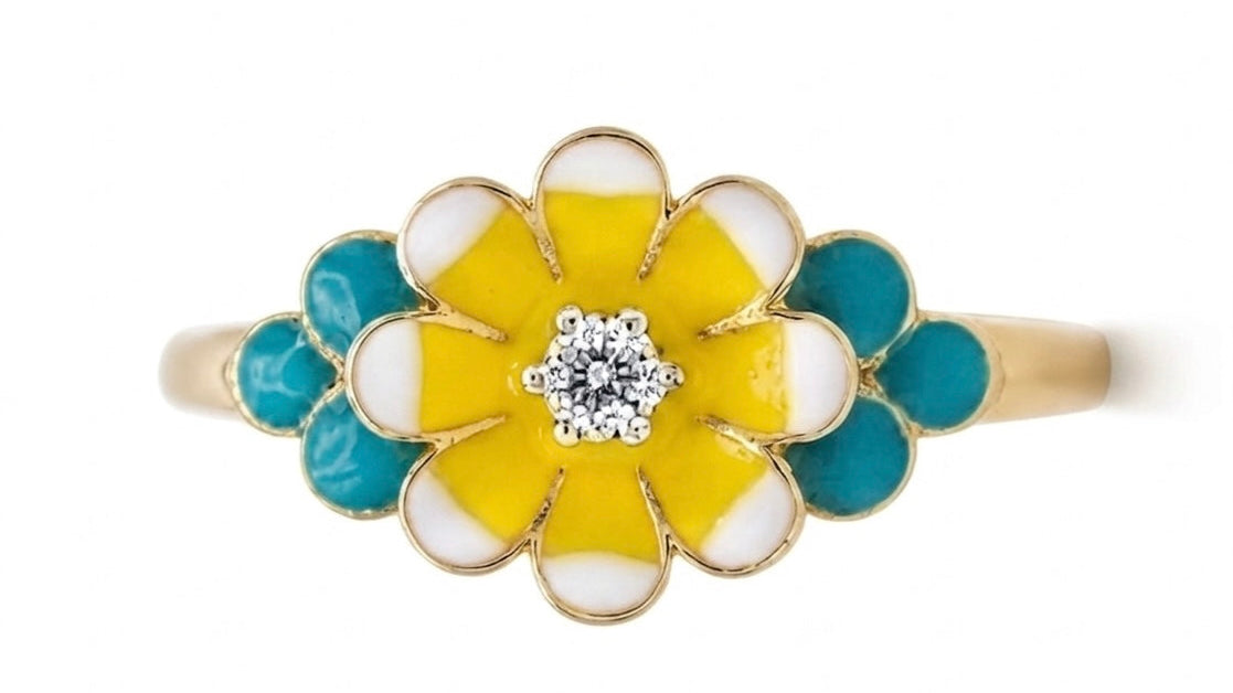 Yellow Enamel Flower Ring in Gold Finish