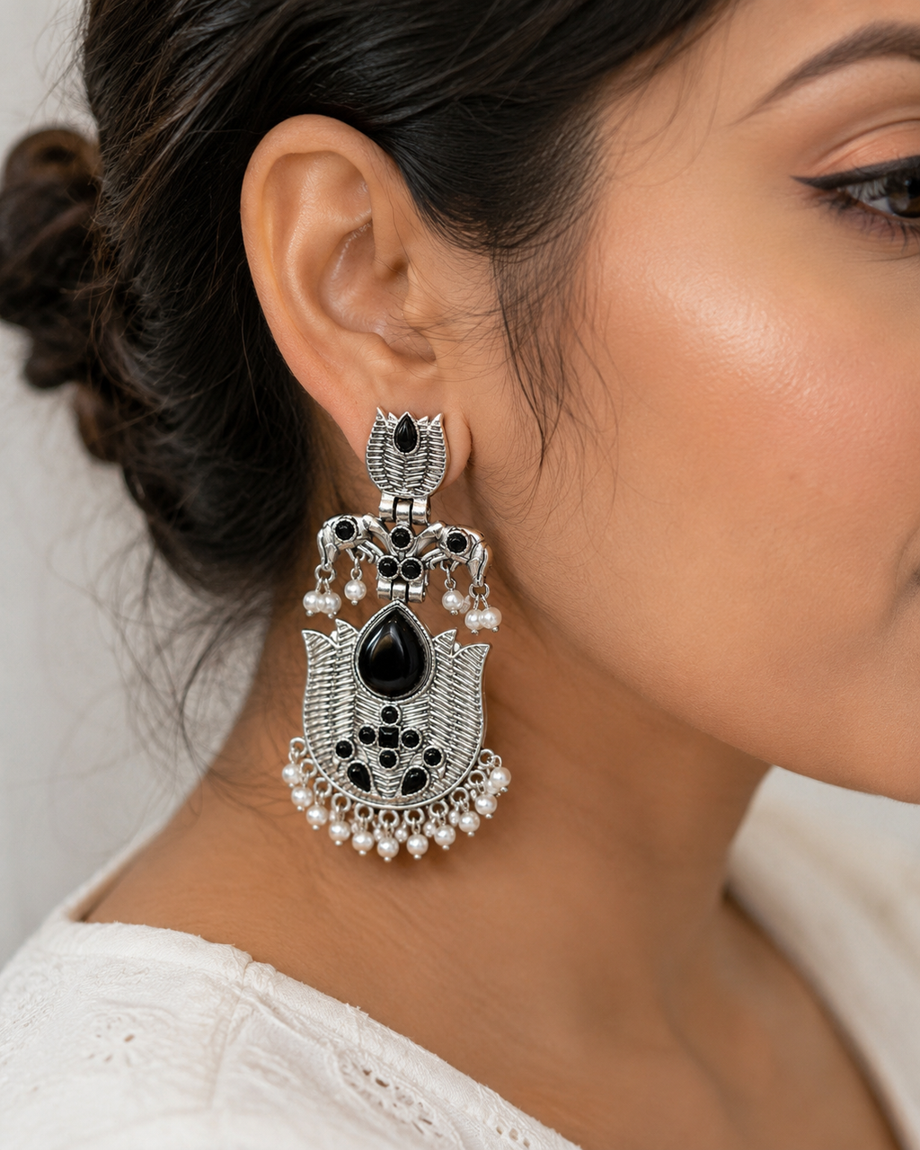 Royal Black Stone Oxidised Pearl Drop Earrings
