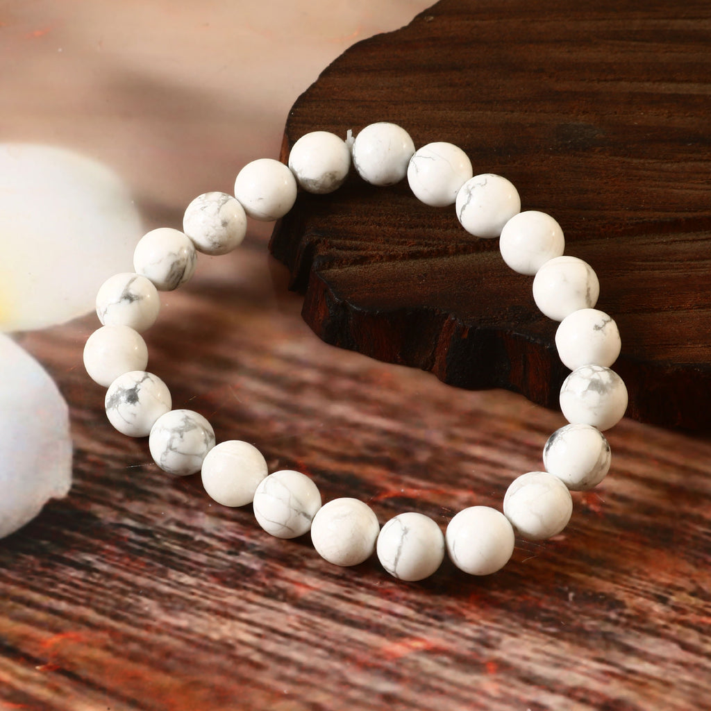 Natural Howlite Gemstone Beaded Bracelet With Certificate For Calm, Stress Relief