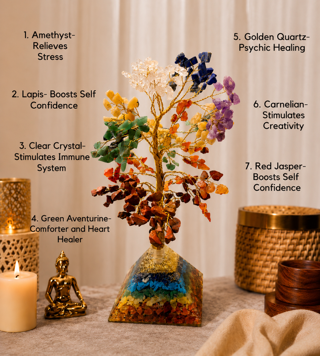 7 Chakra Gemstone Tree with Orgone Pyramid Base | Handmade Crystal Healing Decor