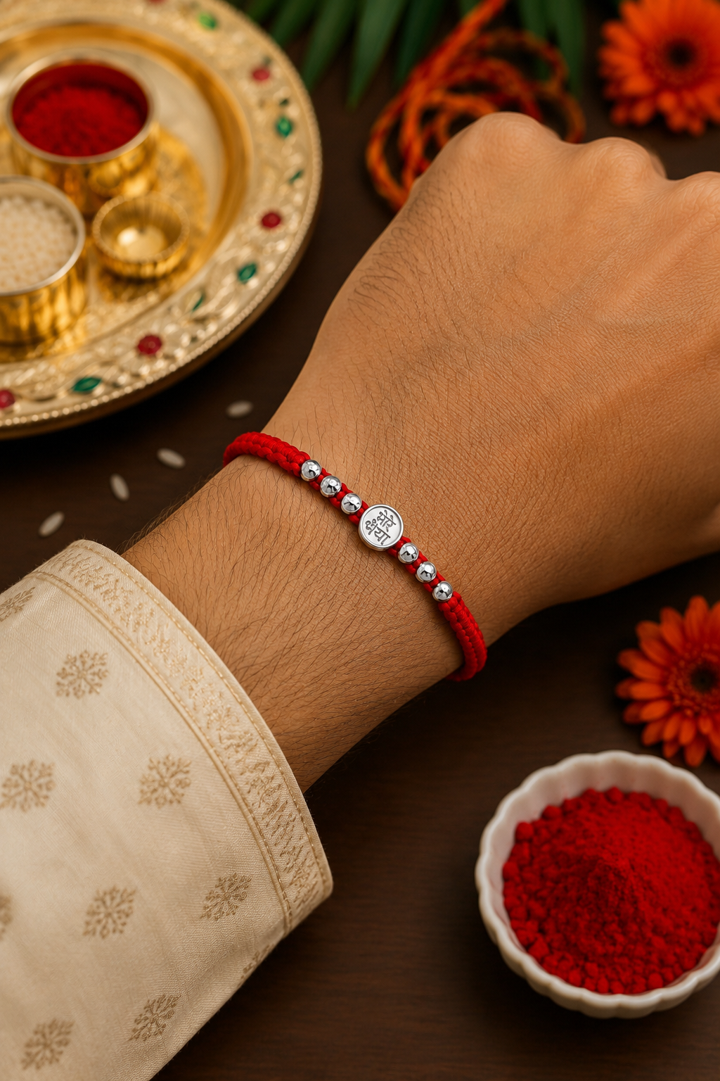925 Sterling Silver “Mere Bhaiya” Rakhi | Handmade Red Thread Rakhi for Brother