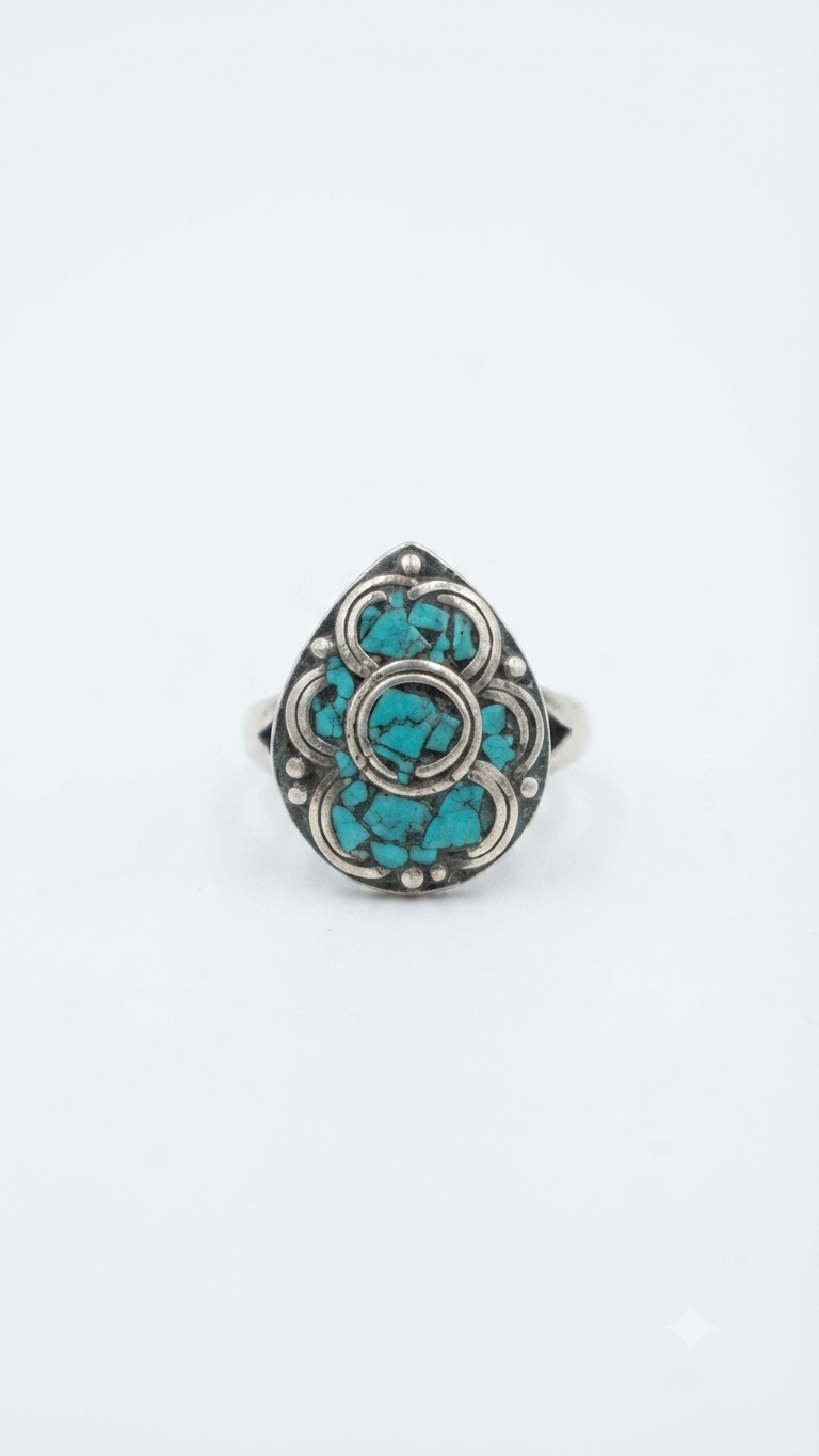 Vintage Tibetan Turquoise Ring, Handmade Nepali Tribal Statement Ring