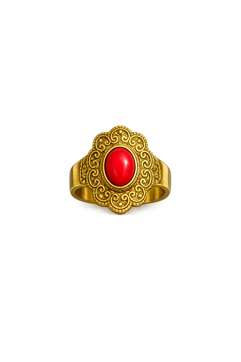 Vintage Gold Floral Ring with Red Oval Stone