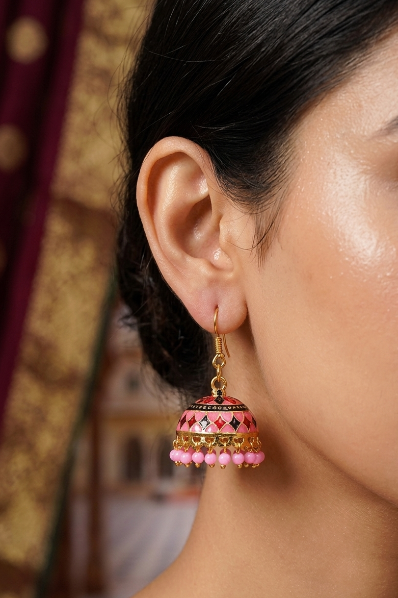 Pink Meenakari Jhumka Earrings