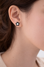 Black Floral Stud Earrings Crystal Center
