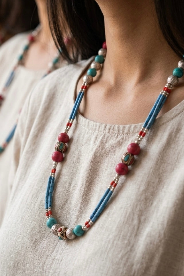 Handcrafted Tibetan Turquoise & Coral Beaded Statement Necklace