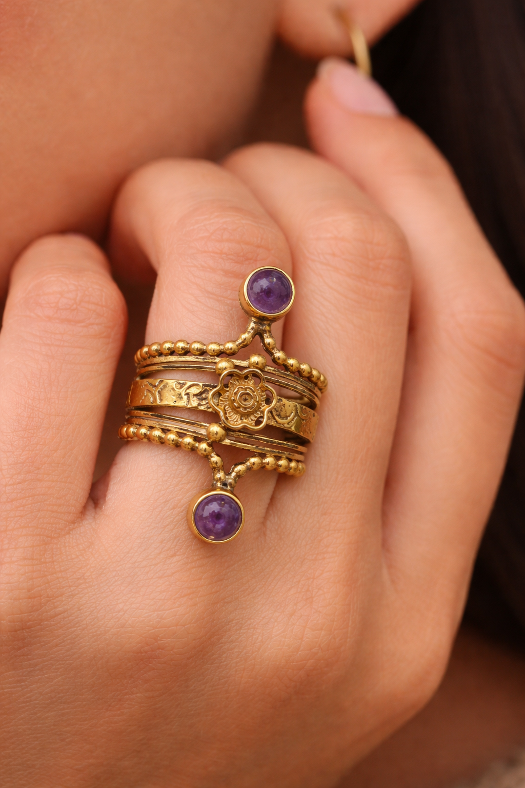 Gold Amethyst Statement Ring Boho Adjustable Ring