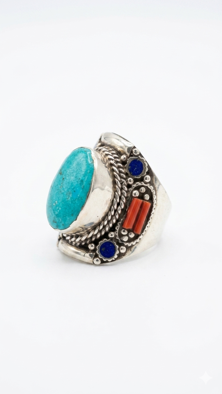 Vintage Turquoise Statement Ring, Handmade Tribal Silver Ring