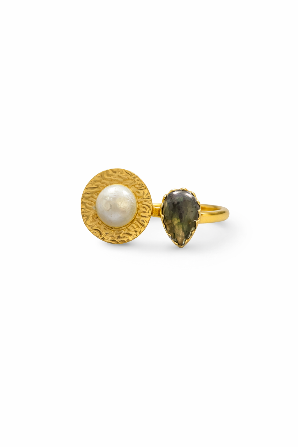 Pearl & Labradorite Gemstone Open Adjustable Ring