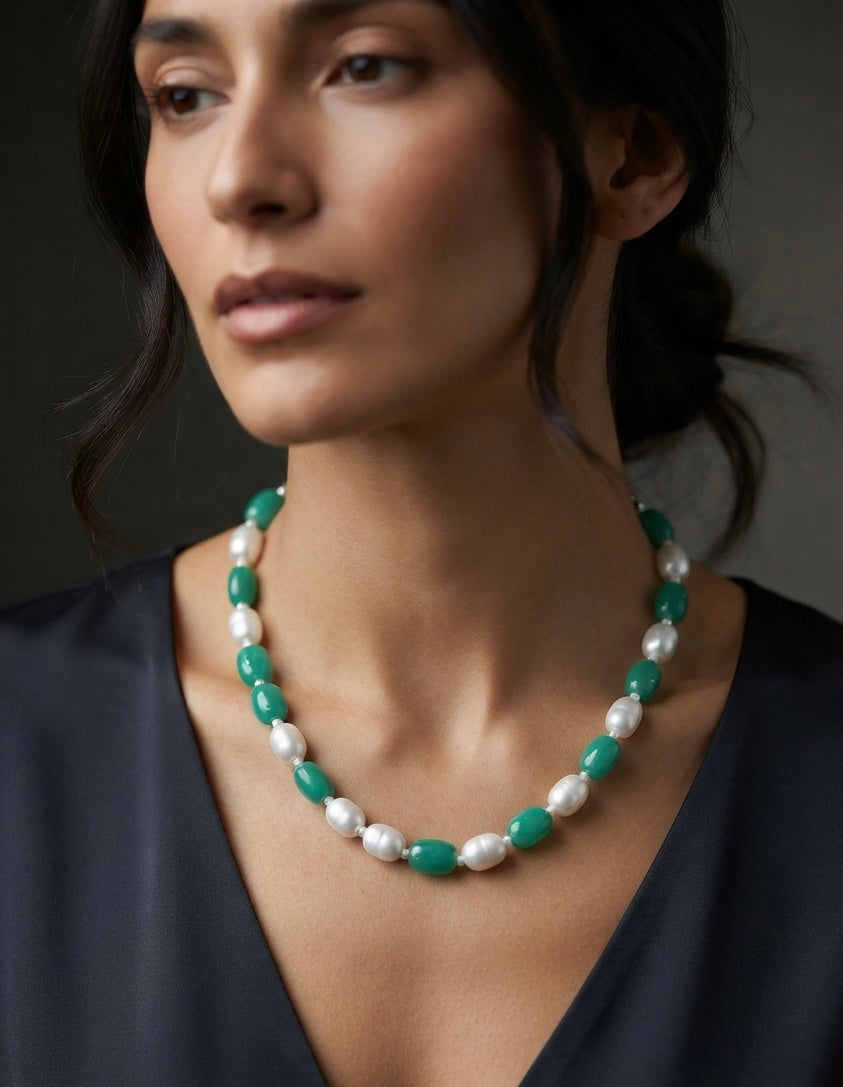 Green Onyx & Freshwater Pearl Beaded Necklace