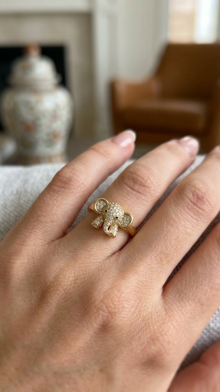 Cute Elephant Crystal Ring in Gold Finish