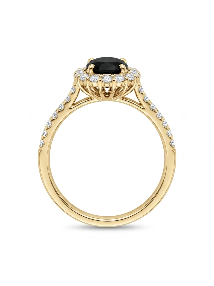 Black Sapphire Halo Ring in Gold Finish