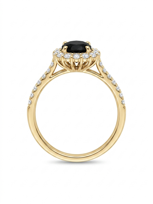 Black Sapphire Halo Ring in Gold Finish