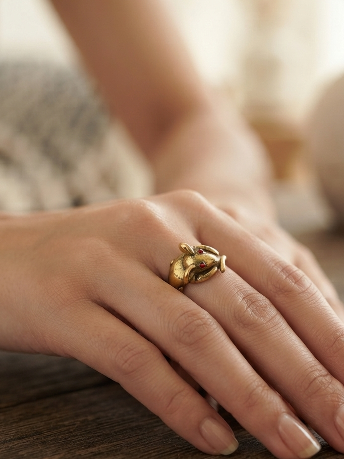 Mouse Ring with Ruby Eyes, Cute Animal Ring