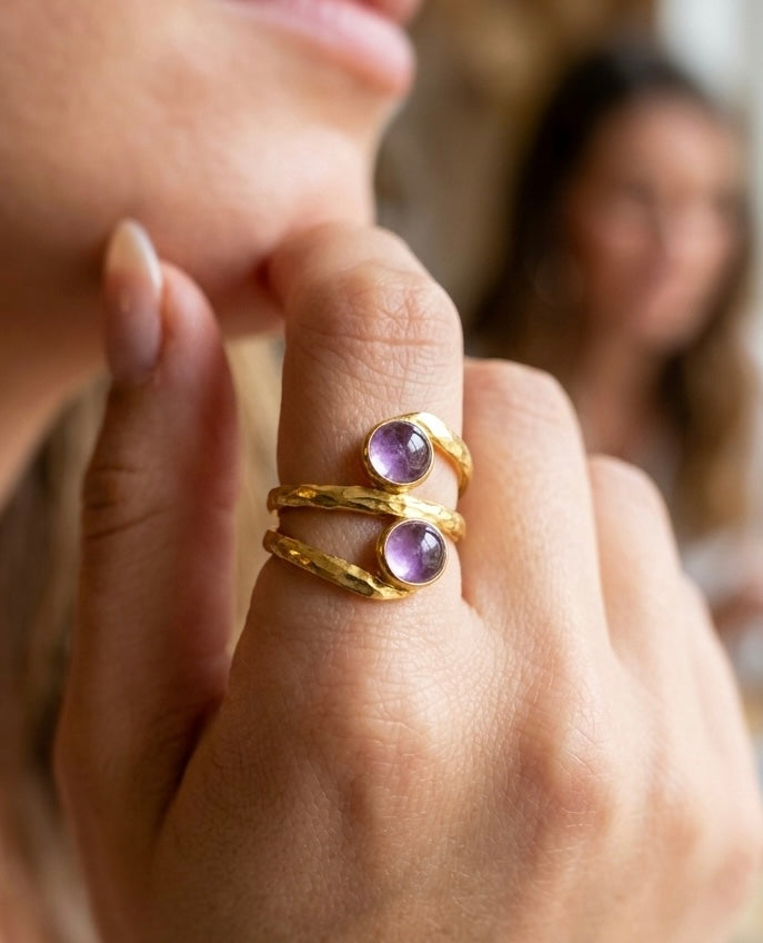 Amethyst Wrap Ring, Adjustable Gold Statement Ring