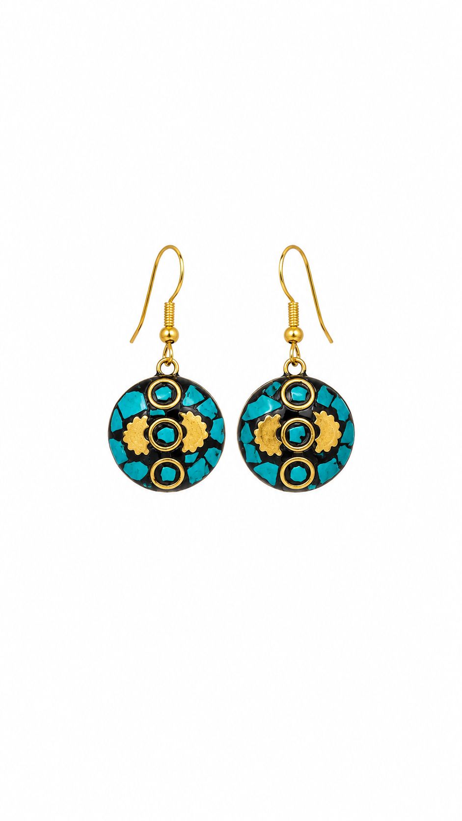 Bohemian Turquoise Mosaic Gold Drop Earrings