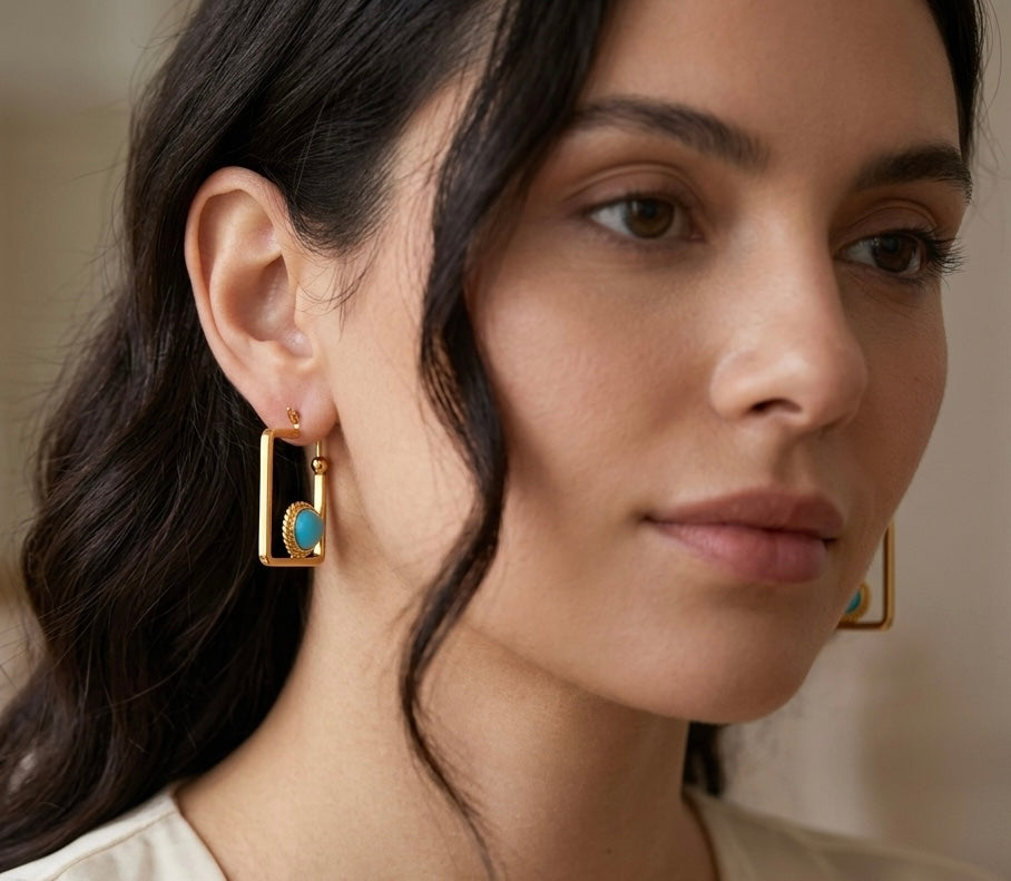 Turquoise Geometric Gold Drop Earrings