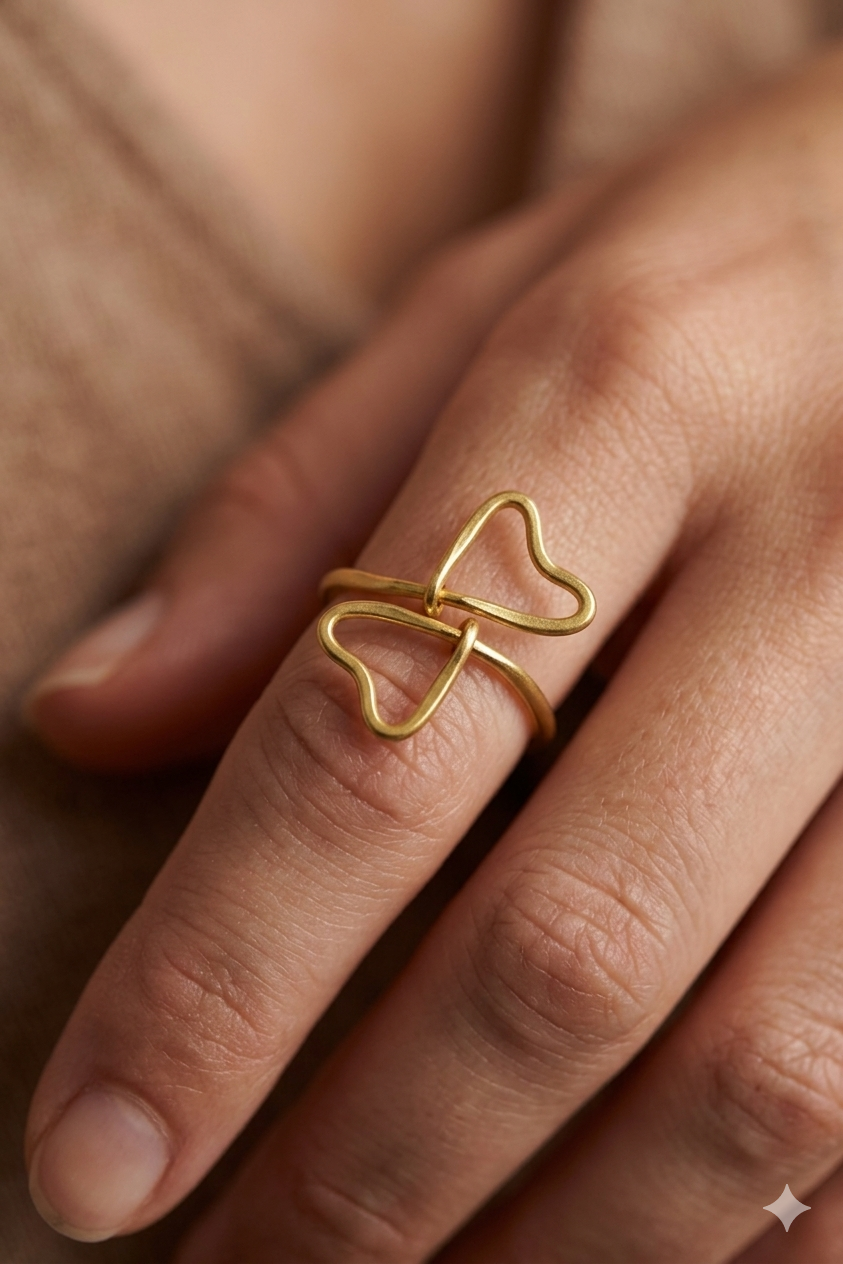 Golden Twin Heart Minimal Adjustable Ring