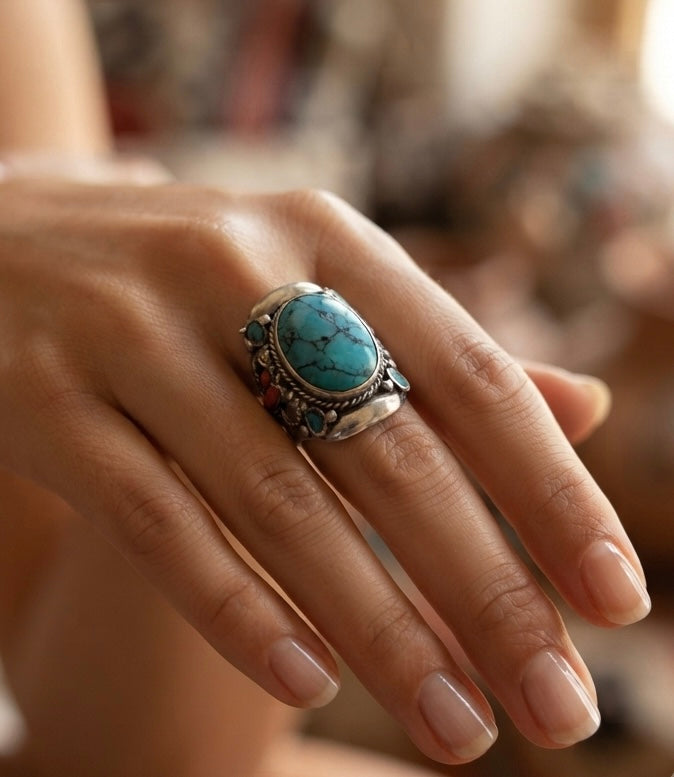 Natural Turquoise Tibetan Statement Ring