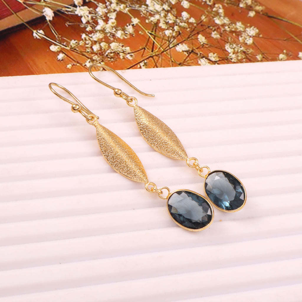 Gold Leaf Drop Earrings with Blue Crystal