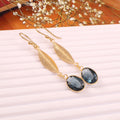 Gold Leaf Drop Earrings with Blue Crystal