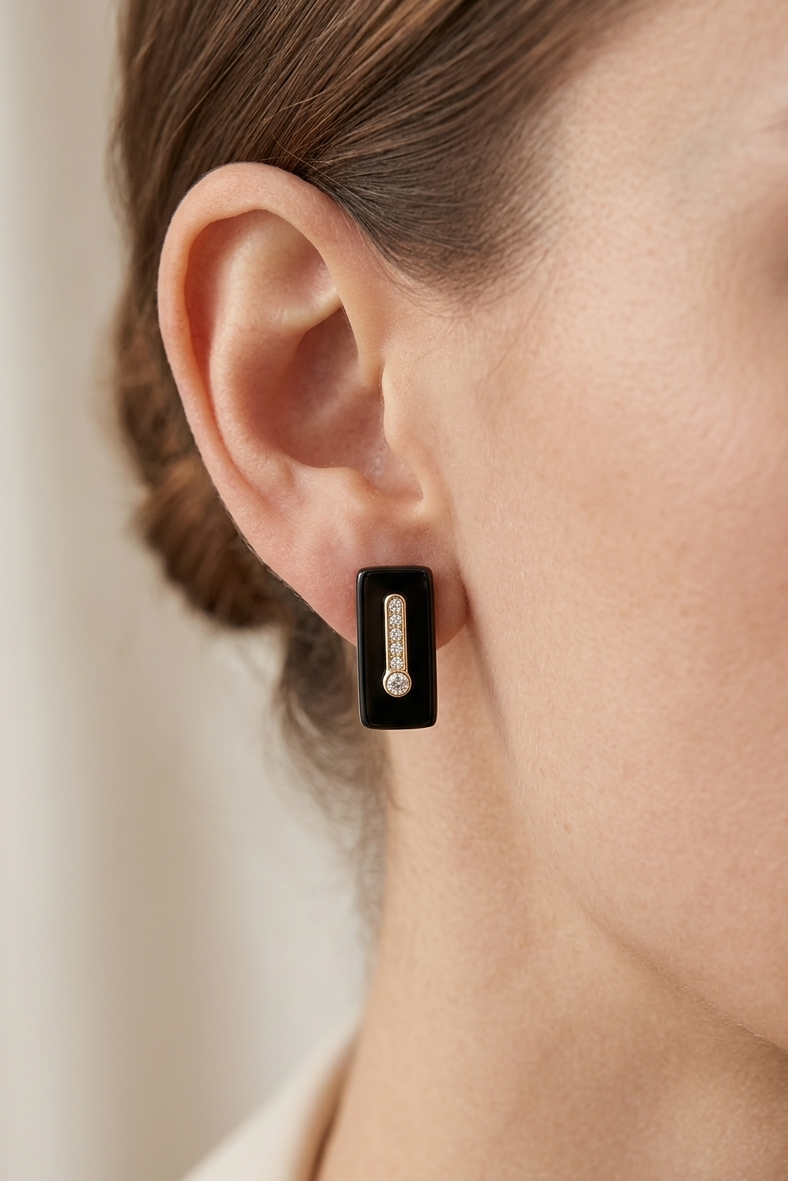 Black Rectangle Stud Earrings, Gold Crystal Studs
