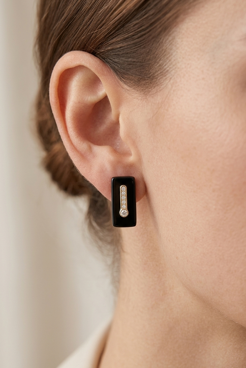 Black Rectangle Stud Earrings, Gold Crystal Studs