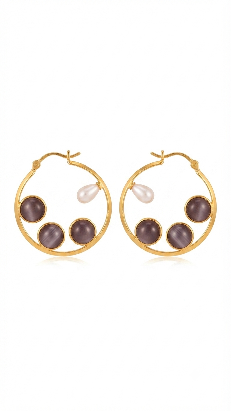 Smoky Grey Cat’s Eye & Pearl Hoop Earrings