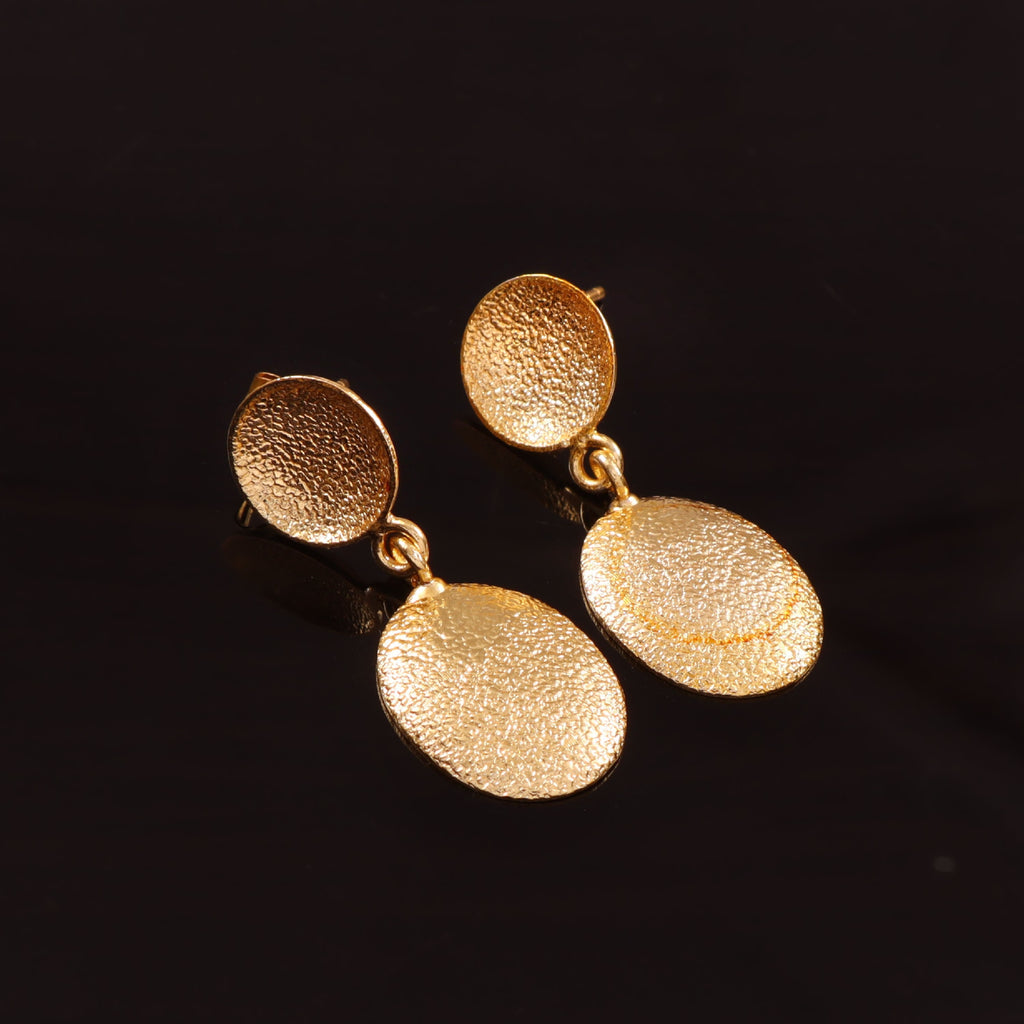 Gold Hammered Drop Earrings Textured Oval Dangle Stud