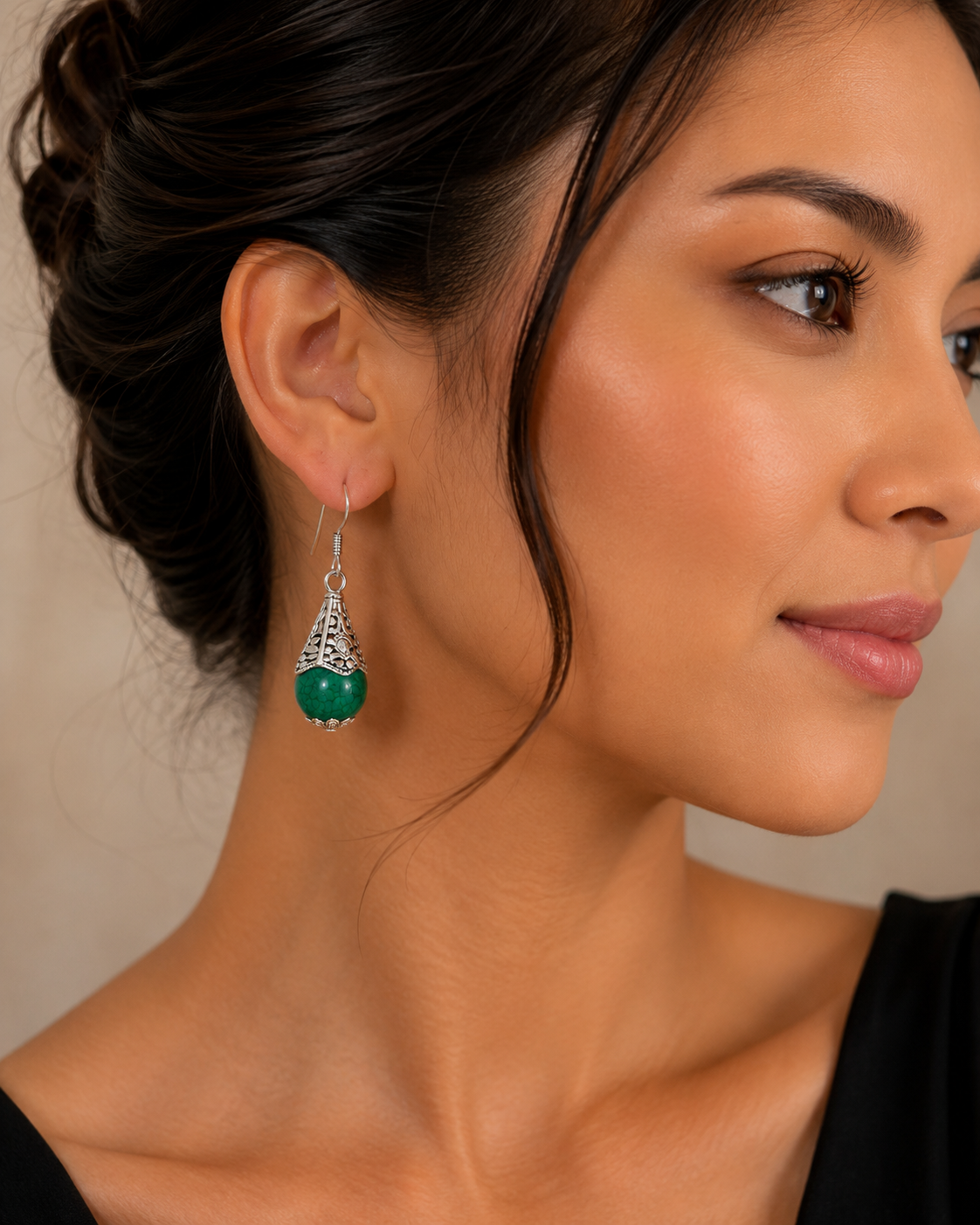 Elegant Green Stone Filigree Drop Earrings for Women