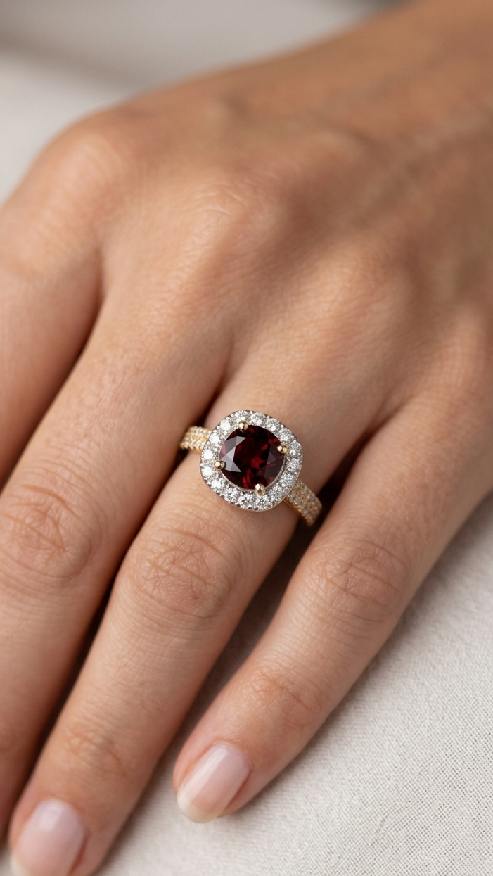 Garnet Halo Ring in Gold Finish