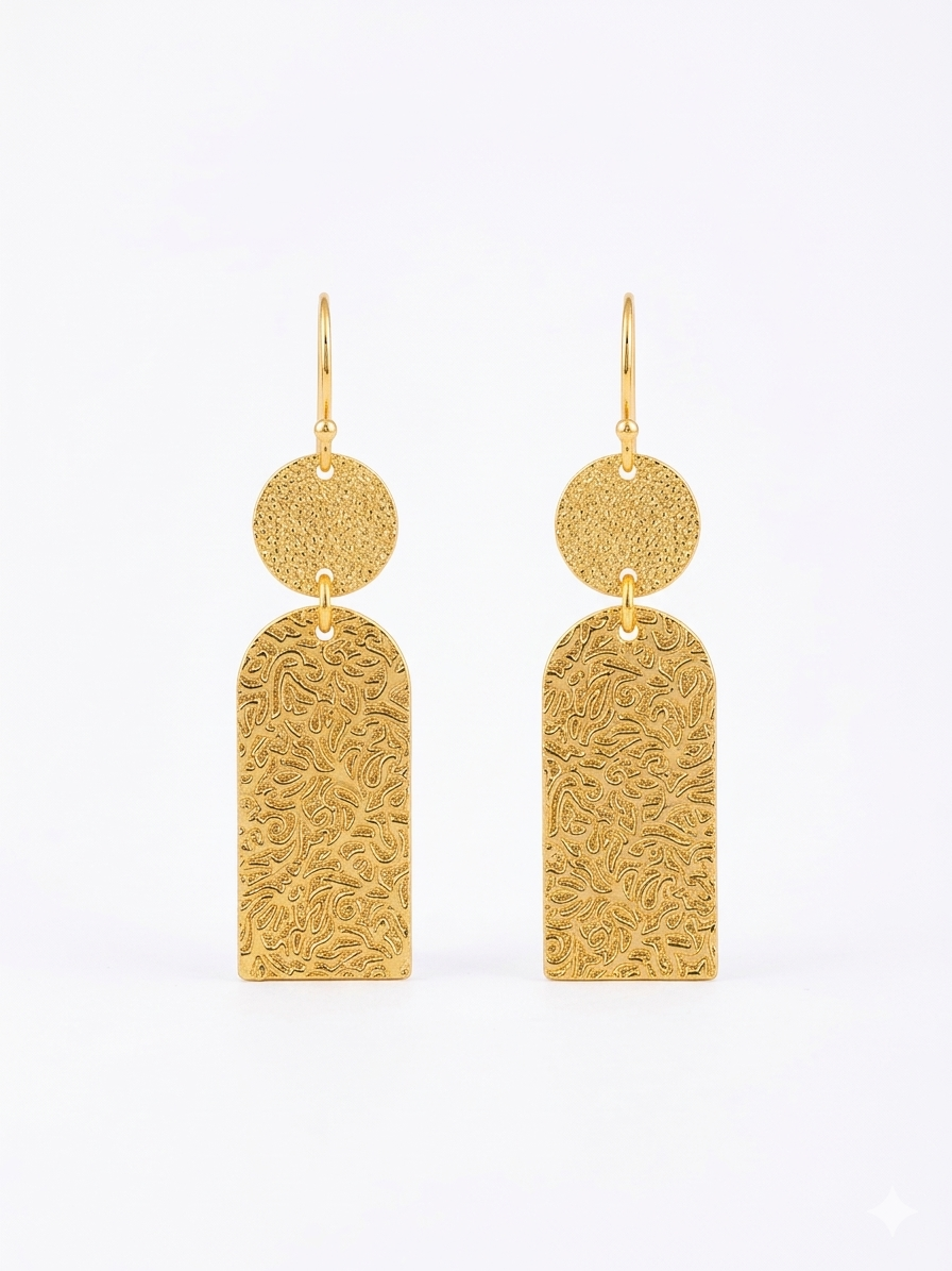 Textured Disc & Engraved Arch Gold Drop Earrings