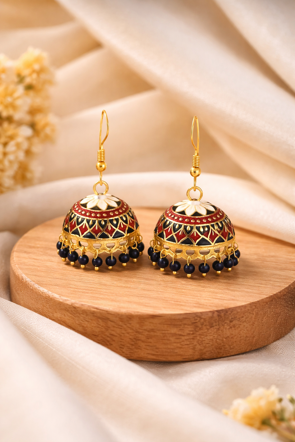 Traditional Enamel Jhumka Earrings with Blue Beads