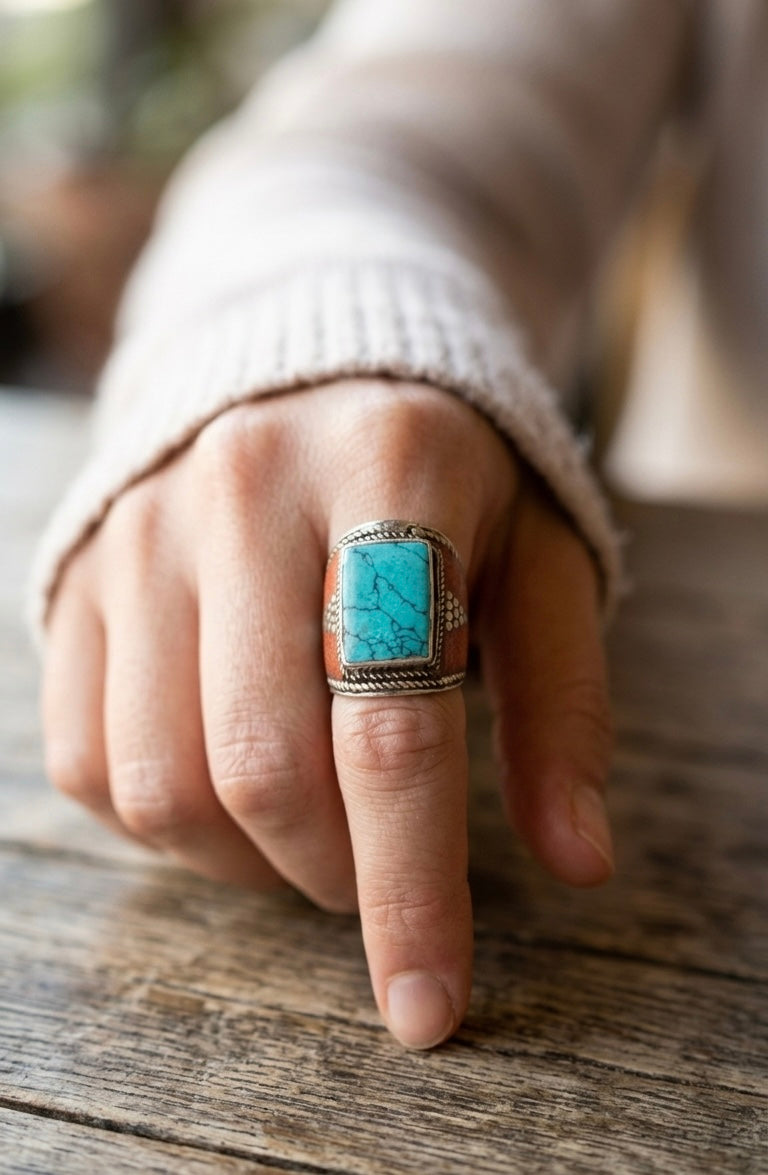 Vintage Turquoise Statement Ring | Handmade Bohemian Tribal Ring