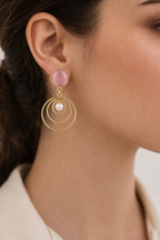Gold Circle Pearl Drop Earrings with Pink Stone