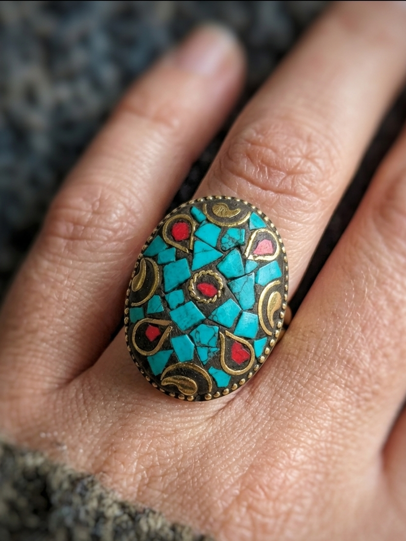 Turquoise Mosaic Statement Ring | Oval Boho Cocktail Ring | Tibetan Style Ring
