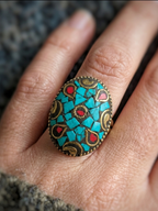 Turquoise Mosaic Statement Ring | Oval Boho Cocktail Ring | Tibetan Style Ring