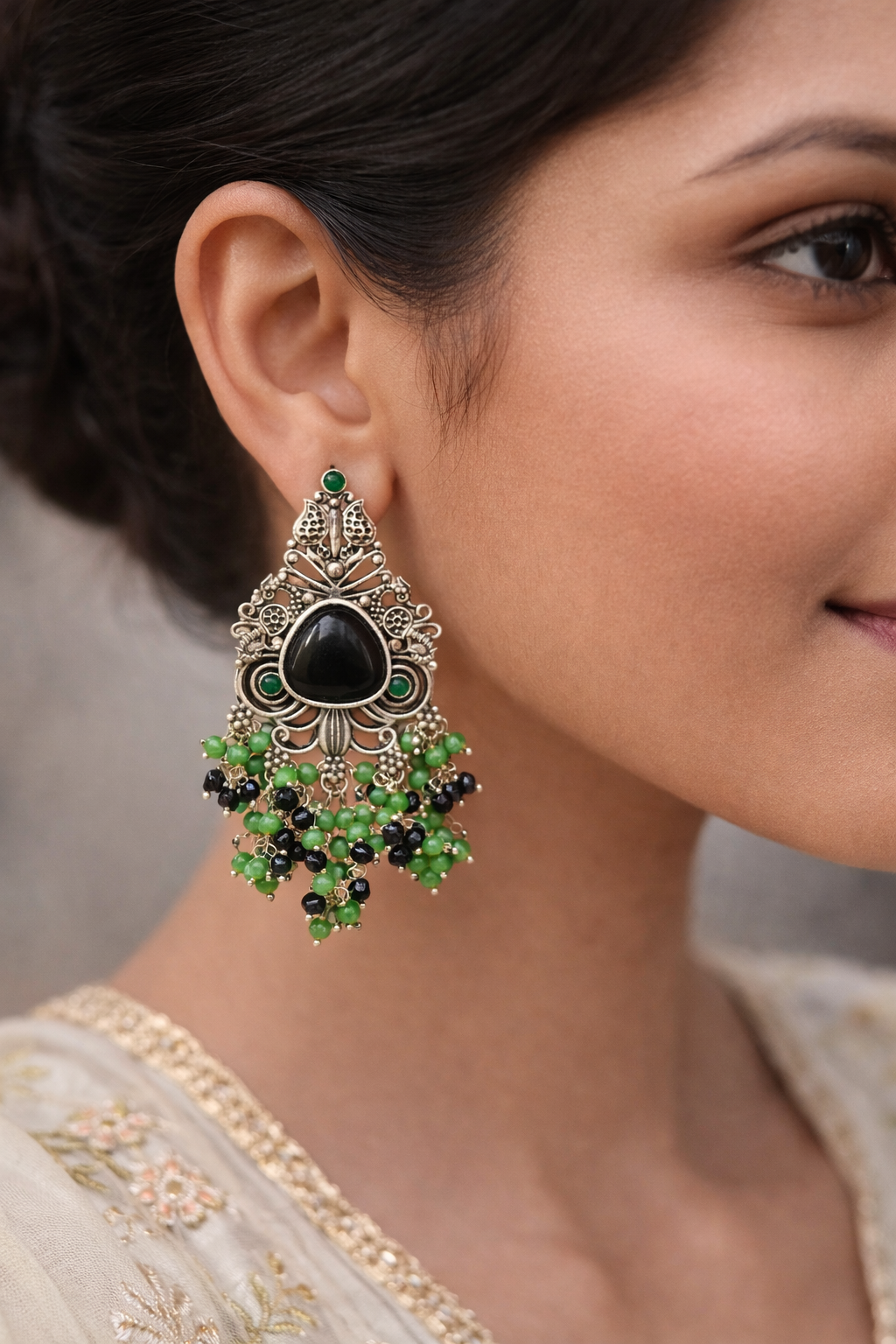 Oxidized Silver Statement Earrings with Green Beads