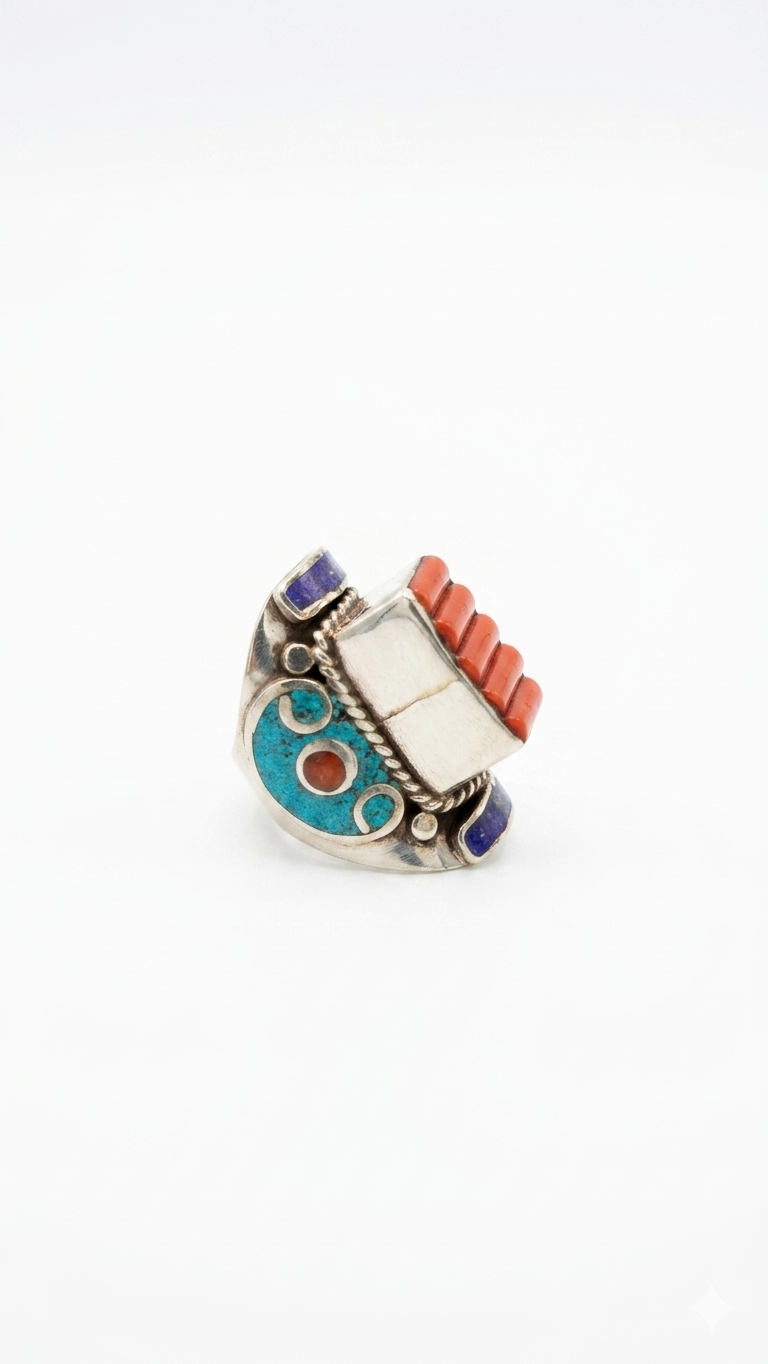 Multi-Stone Tibetan Statement Ring | Coral, Turquoise & Lapis Lazuli Ring