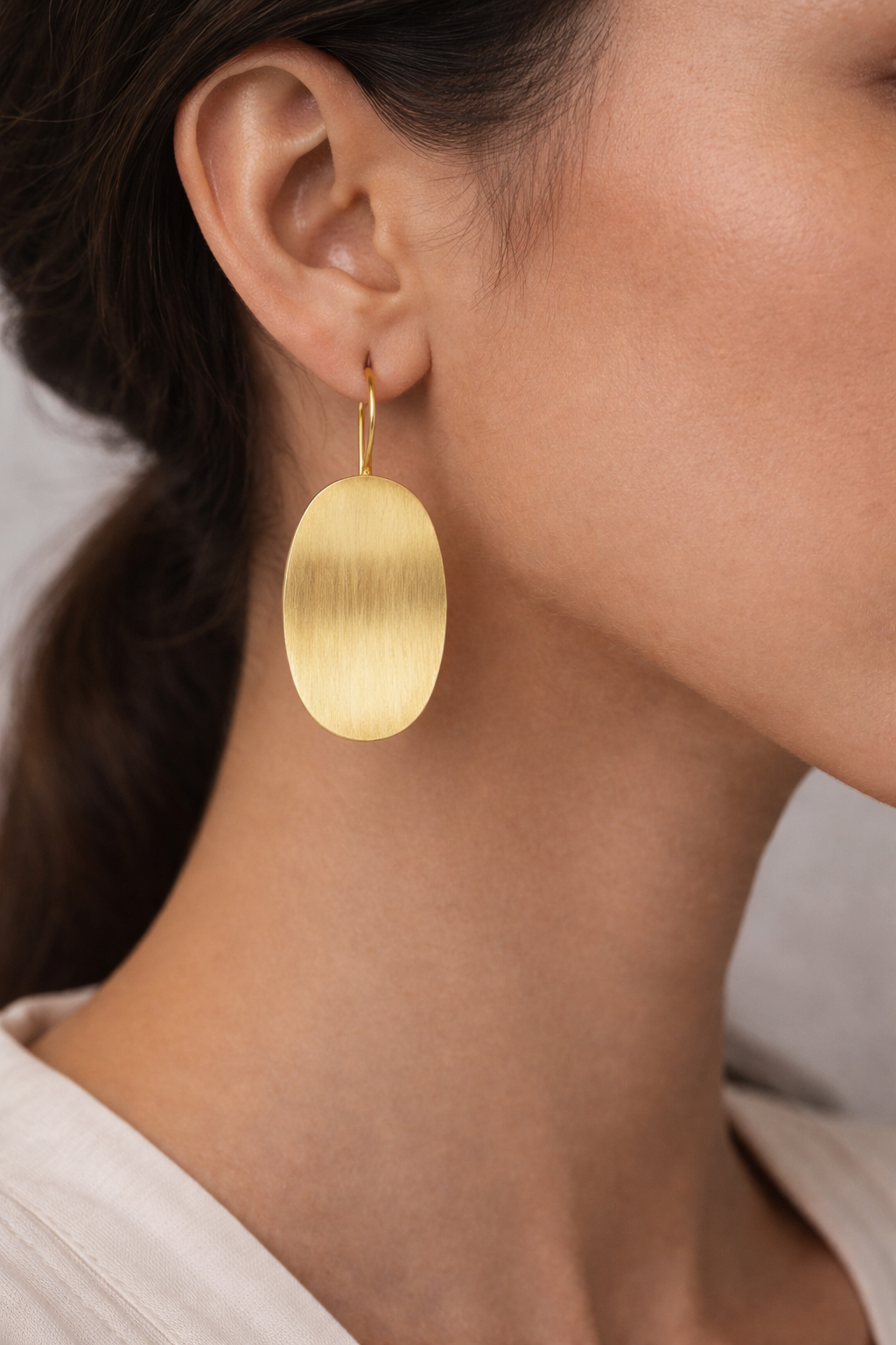 Minimalist Brushed Gold Oval Drop Earrings